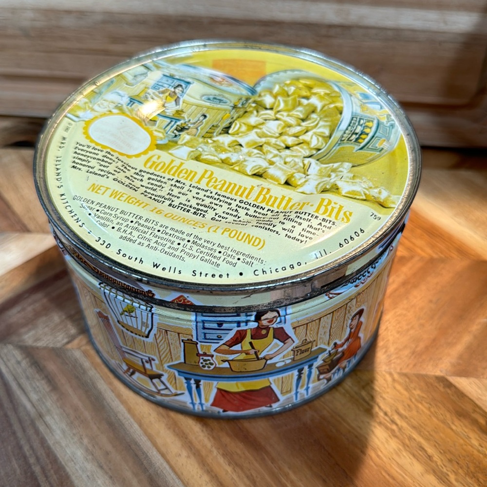 1962 Mrs Leland’s Old Fashioned Candies Golden Peanut Butter Bits can